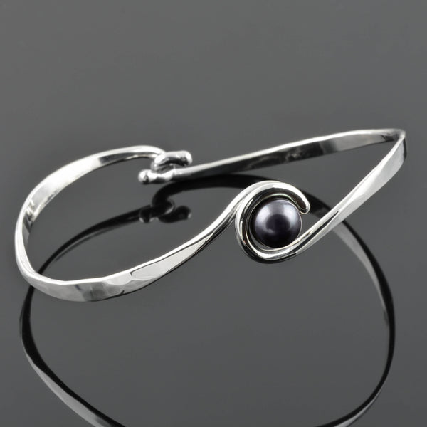 Silver "Curl" Bangle with Black Freshwater Pearl, by Tom Kruskal
