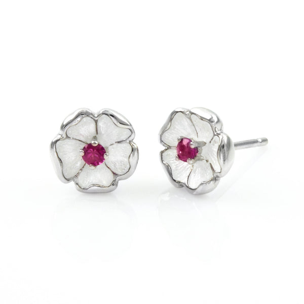 French Enamel and Ruby Flower Earrings