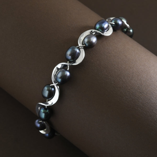 Black Pearl Ruffle Bracelet in Sterling Silver by Tom Kruskal - Plante Jewelers
